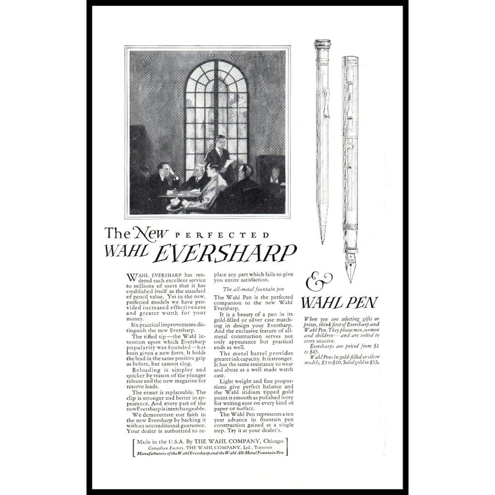 1924 Wahl Eversharp Mechanical Pencit & Fountain Pen Vintage Print Ad Wall Art